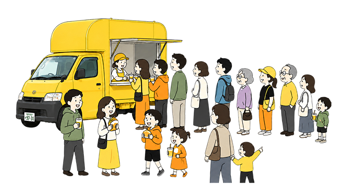 繁盛しているキッチンカーのイラスト