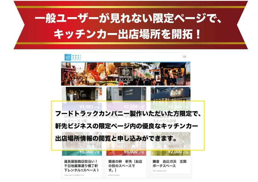 軒先ビジネスのキッチンカー出店場所情報が手に入る。